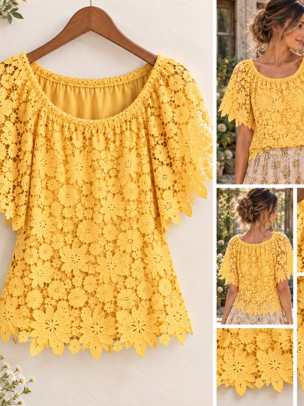 Yellow Floral Lace Blouse Small Cottagecore Boho Romantic Crochet Country Girl